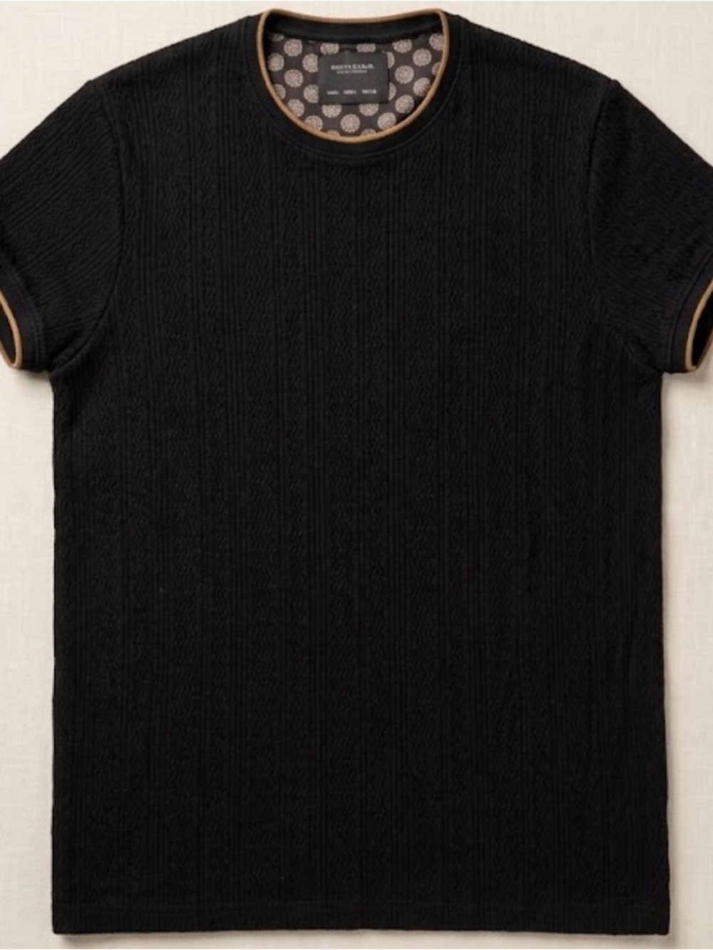 Cactus Black Short-Sleeve Cable Knit Tee with Brown Trim
